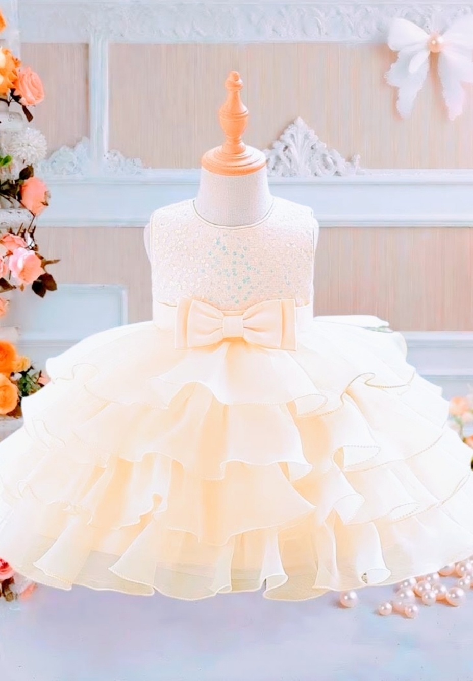 Champagne Ruffled Party Dress with Bow
